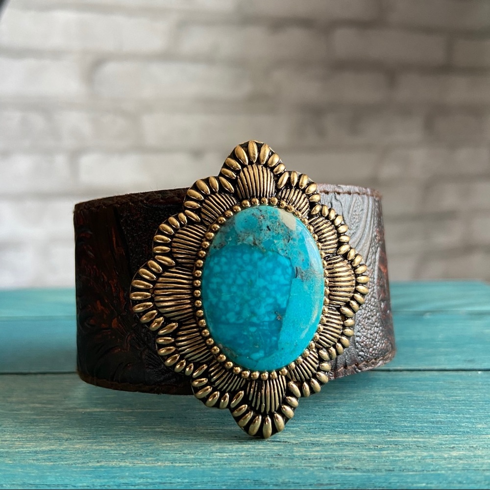 BARSE Turquoise Stone set in Bronce tooled Leather